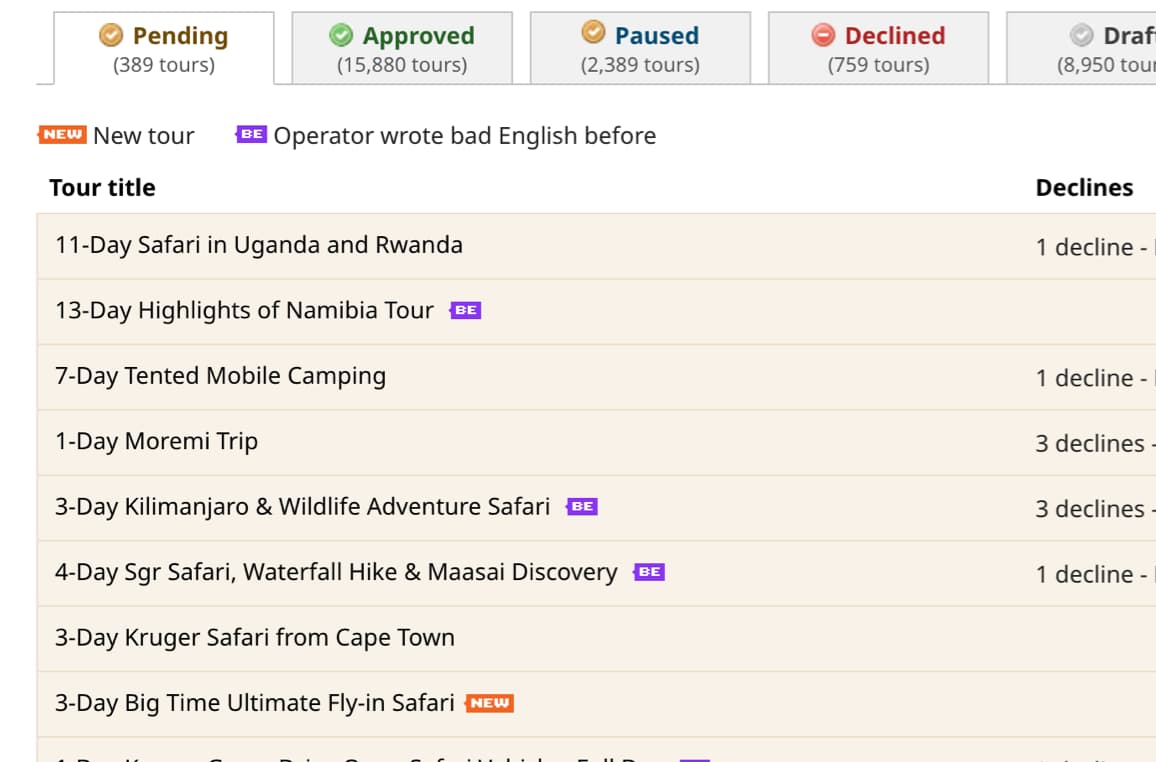 Tour check platform screenshot