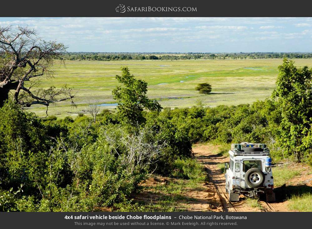 Safari vehicle beside the Chobe floodplains in Chobe National Park, Botswana