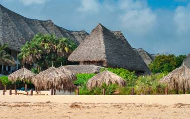 Thatched roofs behind the beach