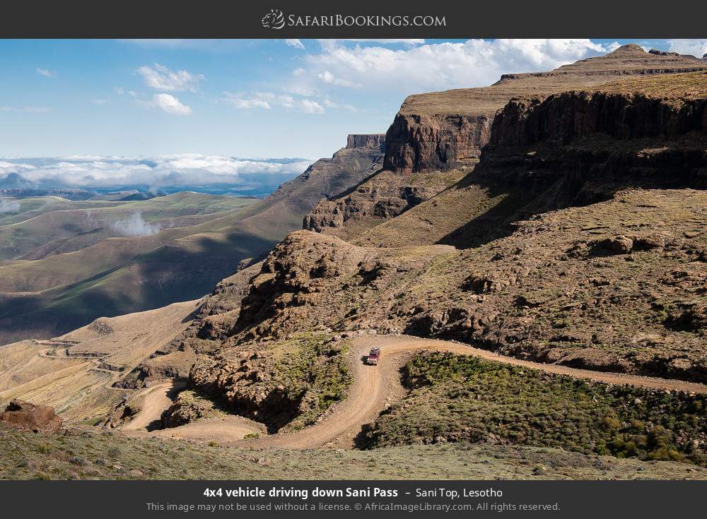 4x4 vehicle driving down Sani Pass, Sani Top in Sani Top, Lesotho