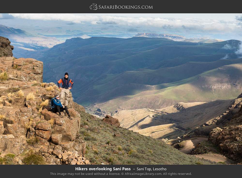 Hikers overlooking Sani Pass, Sani Top in Sani Top, Lesotho