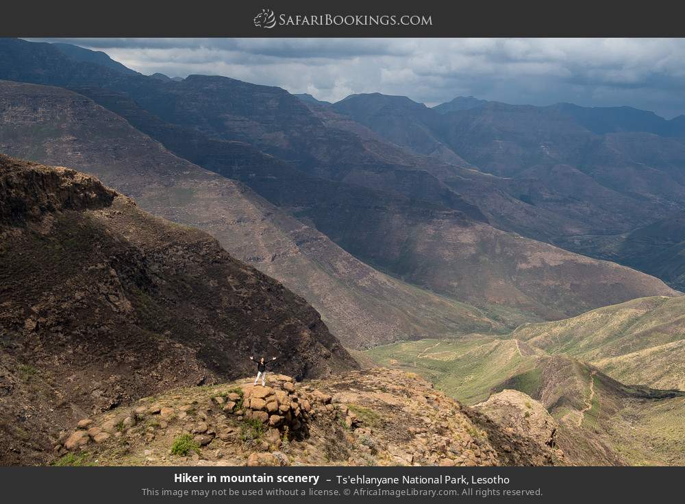 Hiker in mountain scenery in Ts'ehlanyane National Park, Lesotho