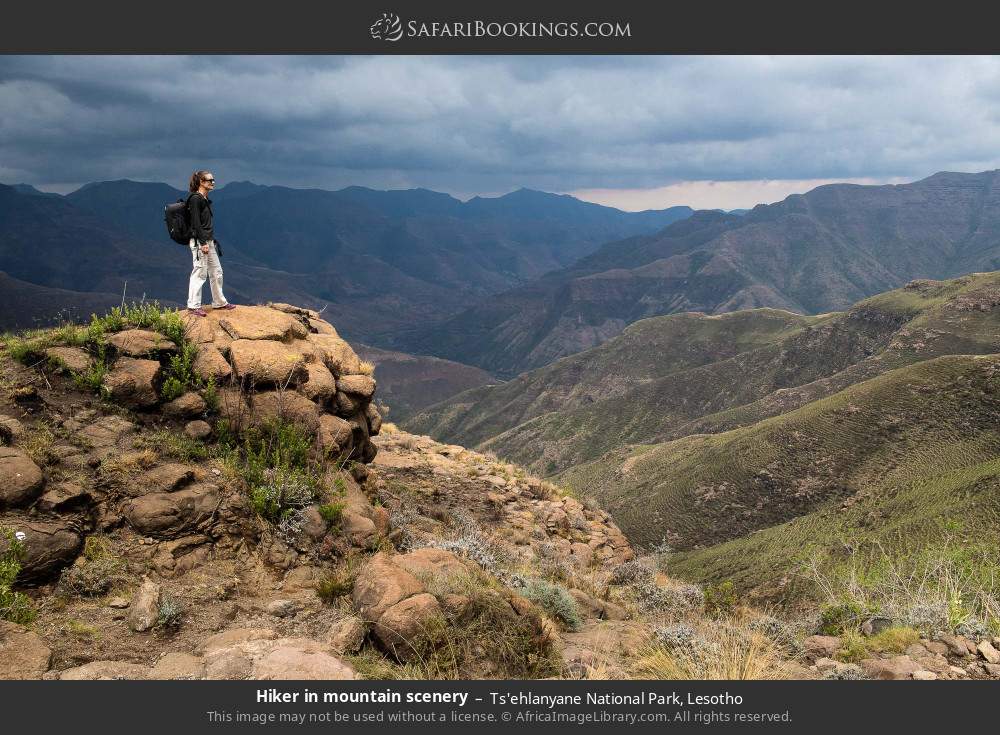 Hiker in mountain scenery, Ts'ehlanyane NP in Ts'ehlanyane National Park, Lesotho