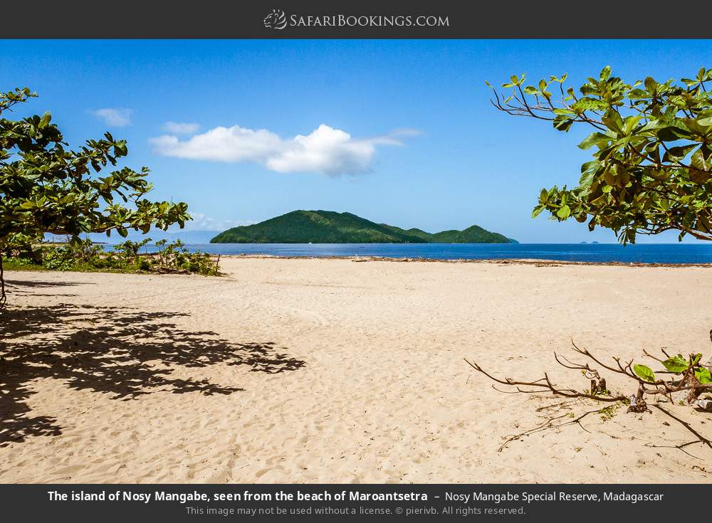 The island of Nosy Mangabe, seen from the beach of Maroantsetra in Nosy Mangabe Special Reserve, Madagascar