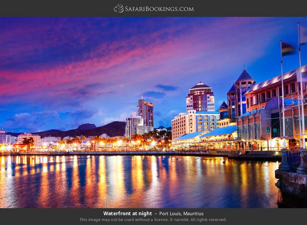 Port Louis waterfront at night in Port Louis, Mauritius