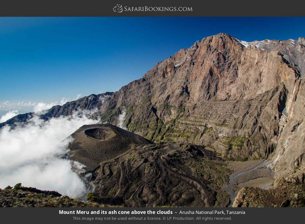 Mt Meru and its ash cone above the clouds in Arusha National Park, Tanzania