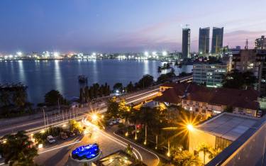 Waterfront area at night