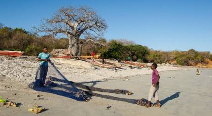 Fishers preparing nets on the beach