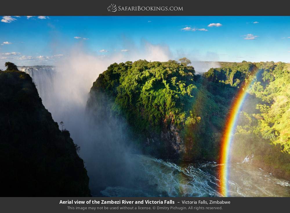 Aerial view of the Zambezi River and Victoria Falls in Victoria Falls, Zimbabwe